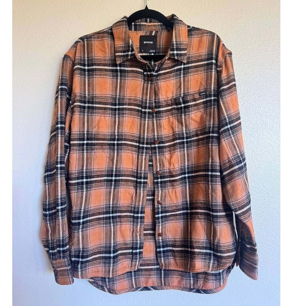Prana Plaid Flannel Button Down Shirt M Orange Cottagecore Gorpcore Clean Girl